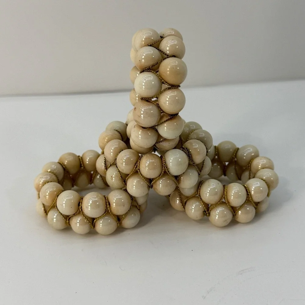 Vintage Beaded Napkin Rings Set of 4 Cream Stone Gold Wire Boho Table Decor